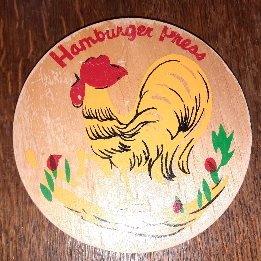 Vintage Wood Hamburger Press w/ Rooster Design